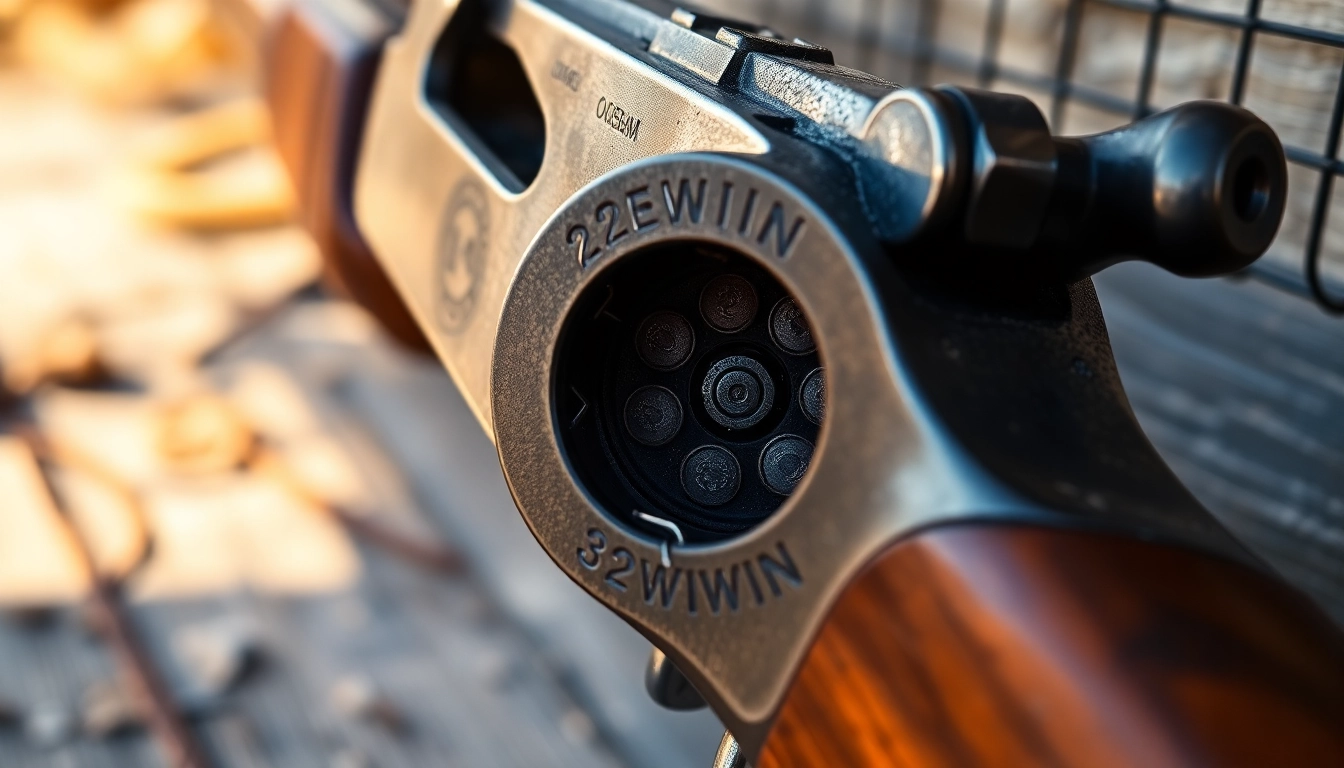 Detailed shot of a 32WIN lever-action rifle highlighting its vintage design and craftsmanship, appealing to gun enthusiasts and collectors.
