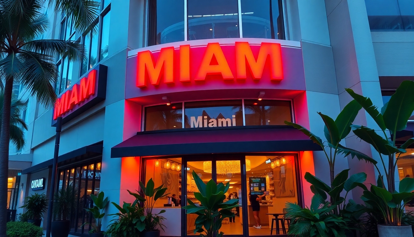 Visit https://789f.miami/ for a vibrant Miami business scene with colorful storefront and lively atmosphere.