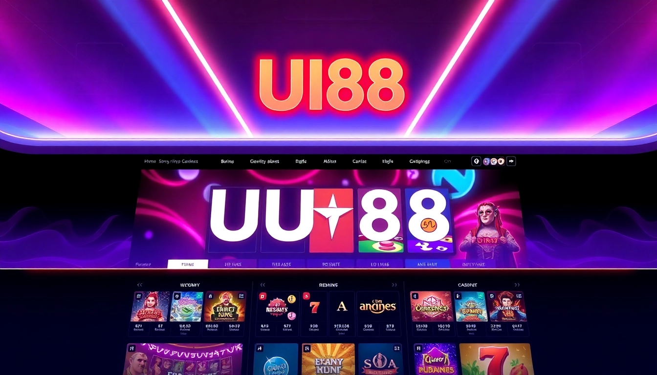 Dynamic image of a professional online casino website with the UU88 brand in focus, emphasizing security and entertainment experience for users.