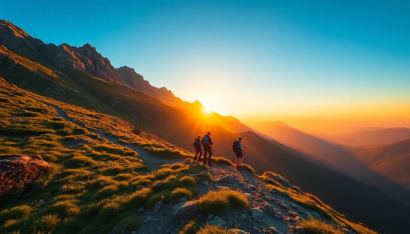 Trekking through lush mountain terrain at sunrise with hikers in action, capturing the spirit of adventure and outdoor activity.