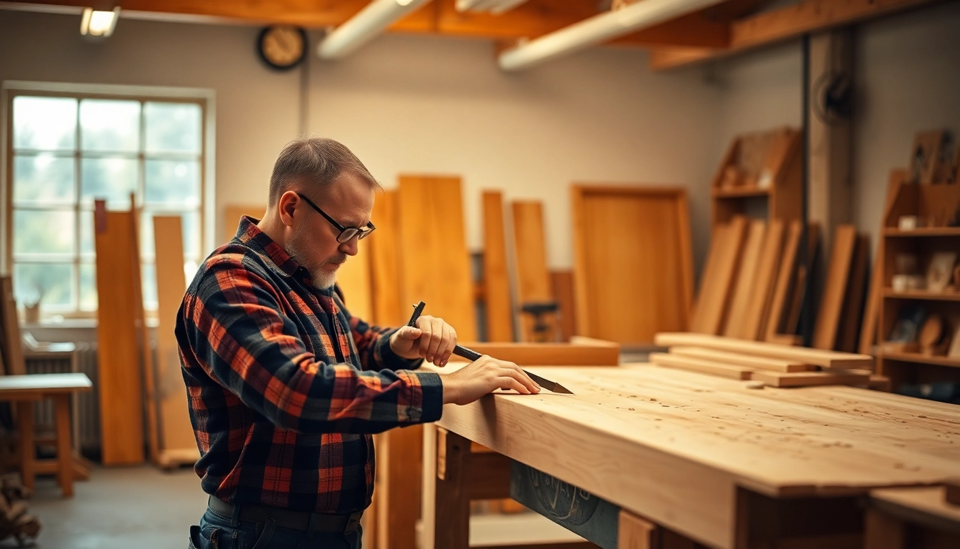 Experienced carpenter measuring and cutting wood for a custom furniture project with tools and wood shavings nearby.