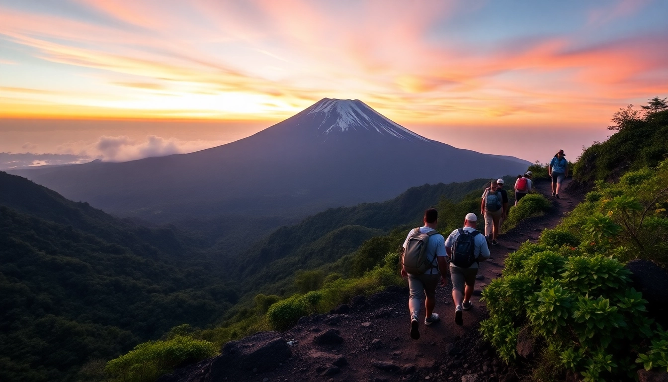An inspiring sunrise scene of Mount Rinjani with hikers and guides on the trail, showcasing natural beauty and adventure.