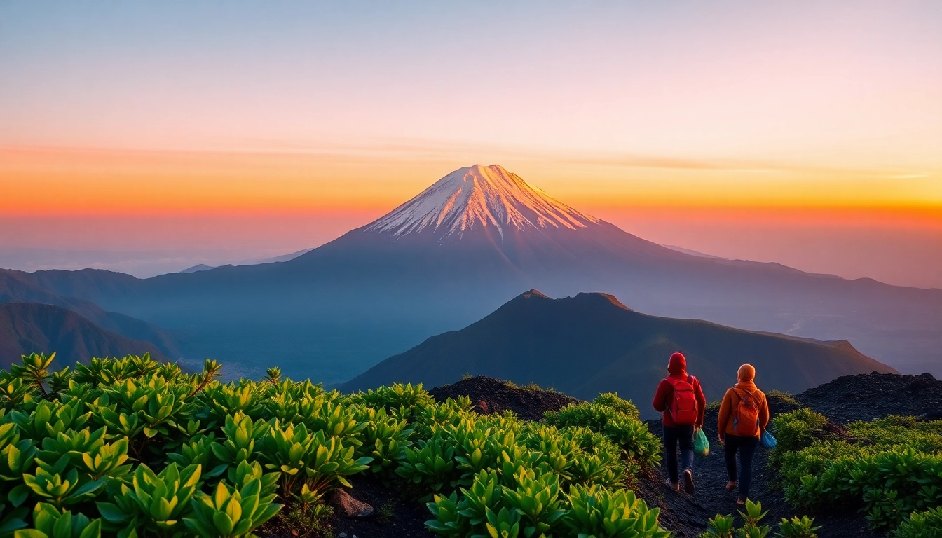 Hikers at Mount Rinjani's crater rim during sunrise, with lush greenery and snow-capped peak in the background.