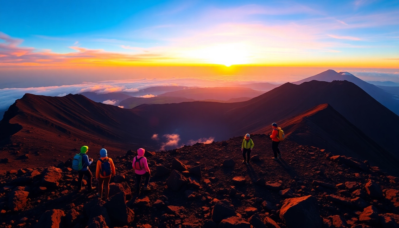 Panoramic view of Mount Rinjani's summit at sunrise with hikers overlooking the crater rim