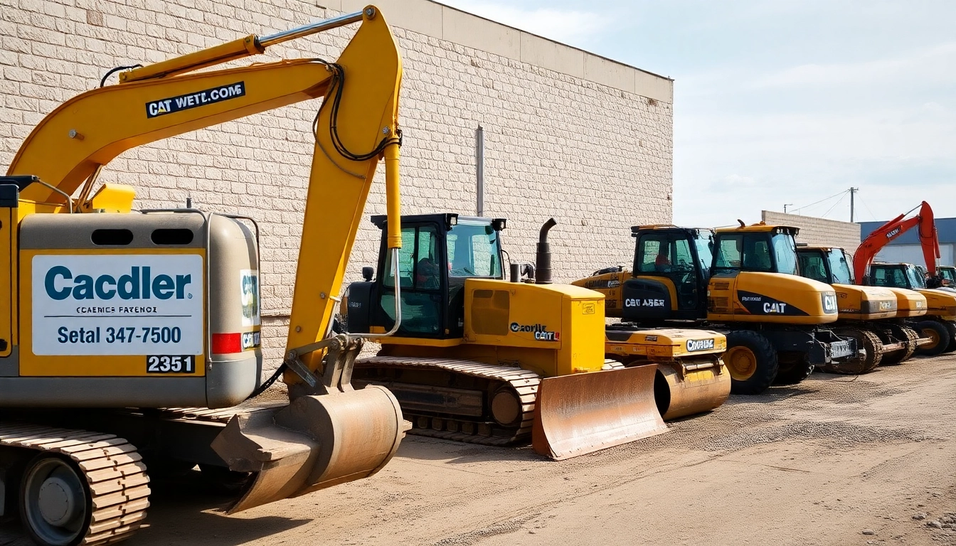 Construction equipment rental site showcasing active machinery like excavators and bulldozers working on a building project, emphasizing durability and efficiency.