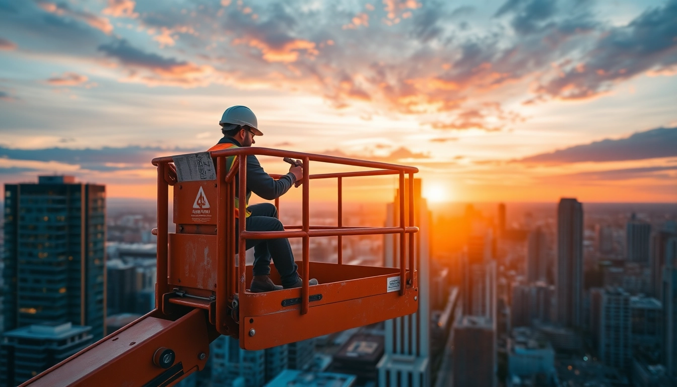 Efficient boom lift rental service with a worker operating an advanced machine on-site for safe high-access work.