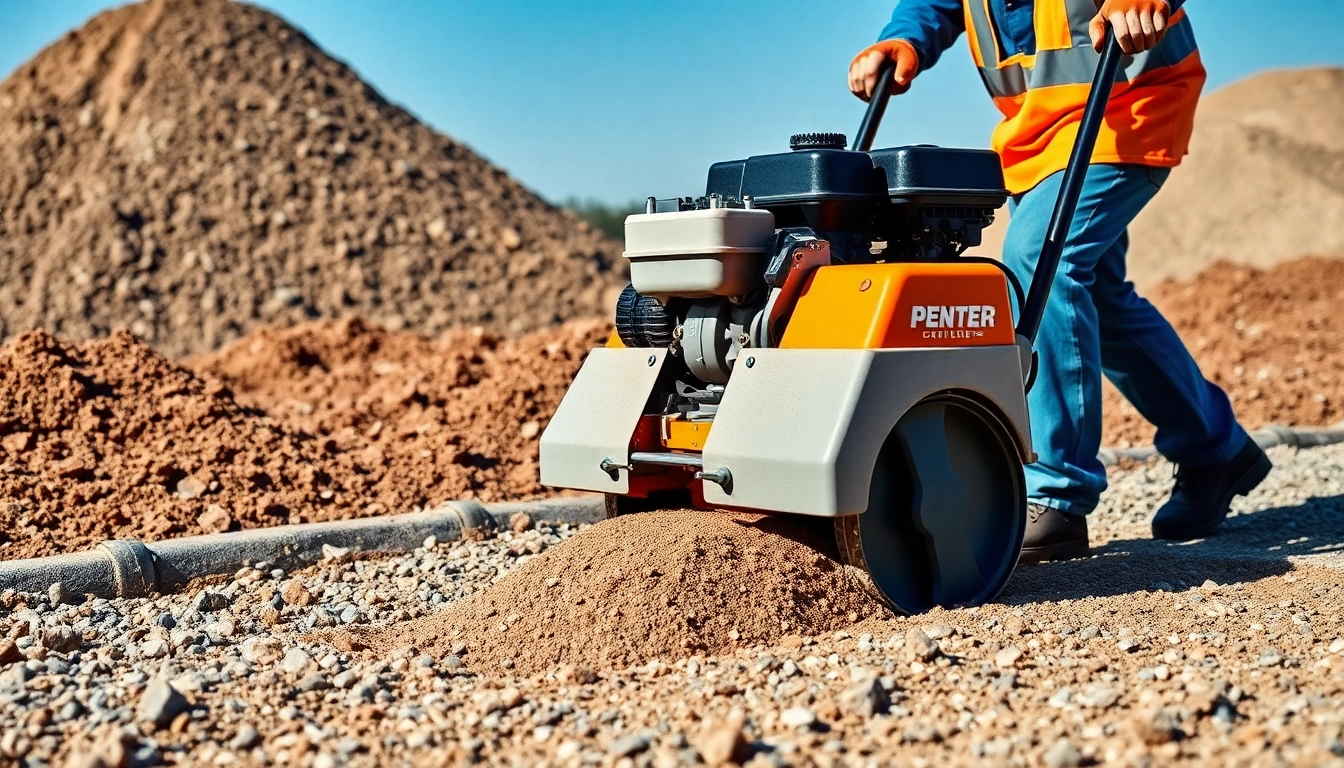 Efficient compactors rental service featuring a worker operating a modern plate compactor on a construction site for soil and gravel preparation.