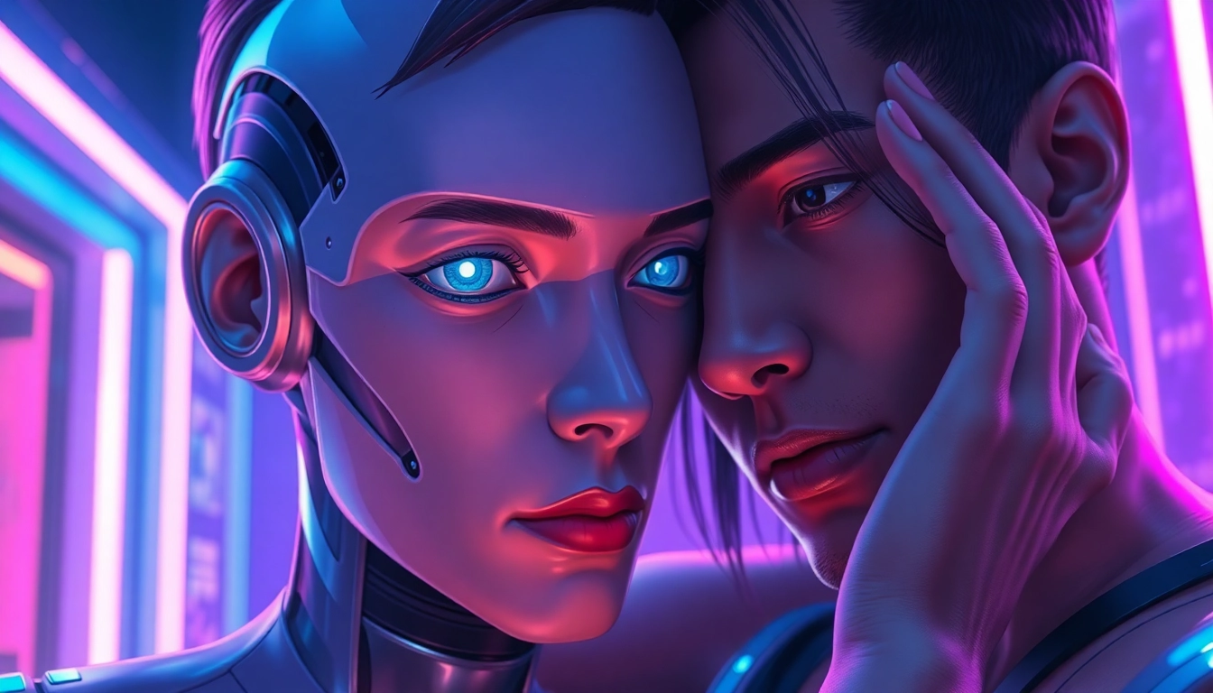 A close-up of an AI character and human in a glowing, futuristic setting, conveying intimacy and emotion through detailed expressions and ambient lighting.