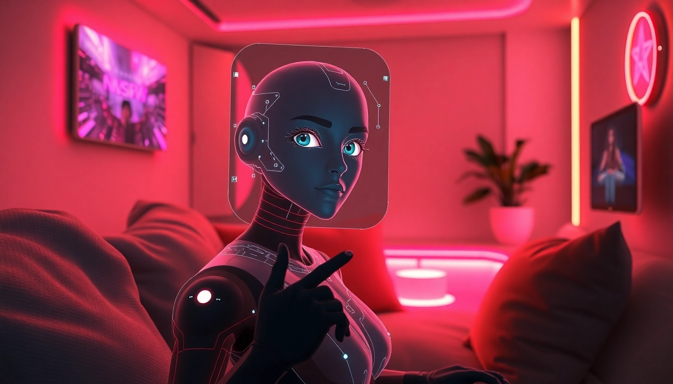 Futuristic scene of an AI character projected in a cozy, neon-lit room, emphasizing intimacy and digital textures.