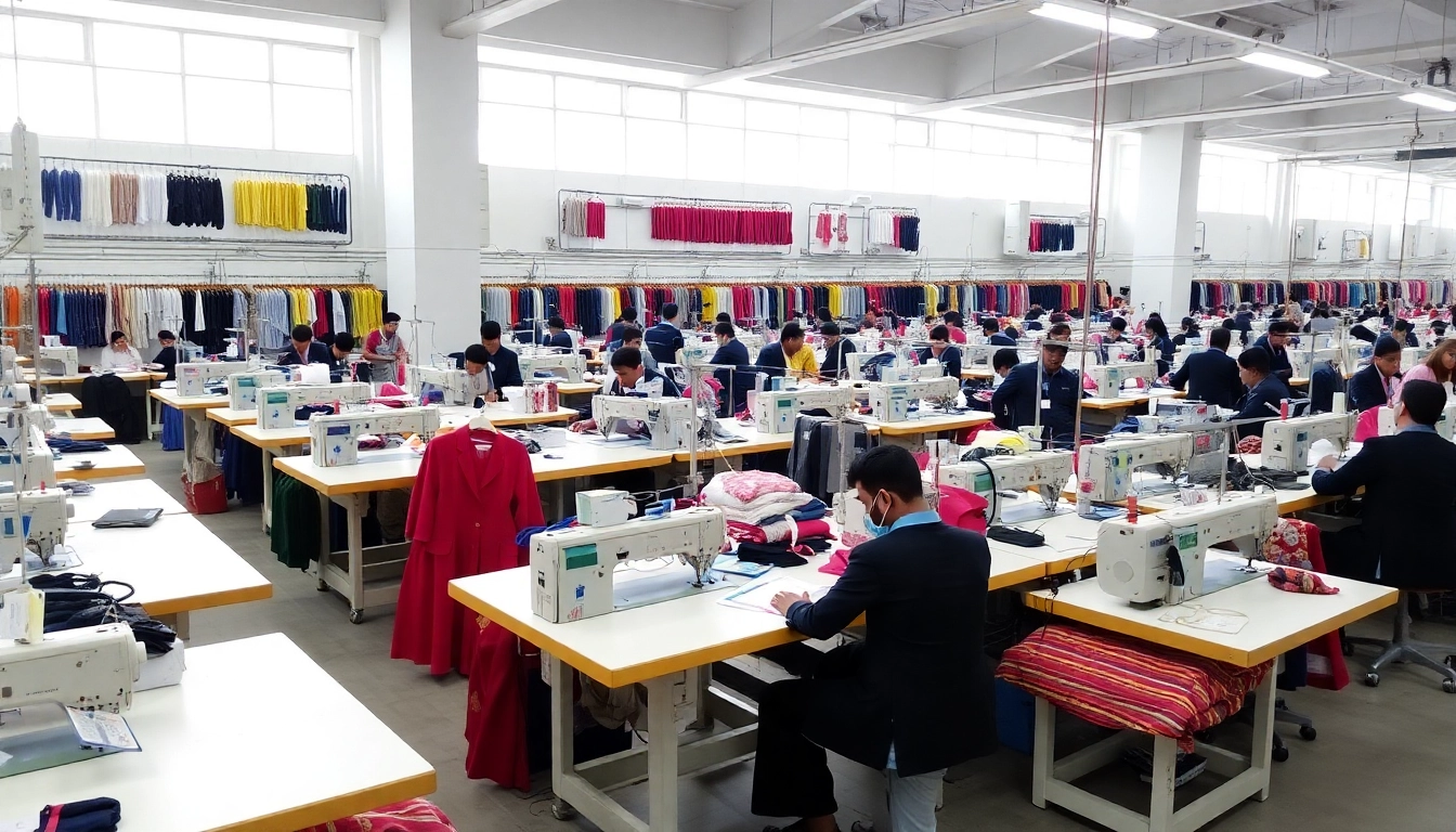 Efficient clothing factory in Sialkot showcasing skilled workers and advanced textile machinery in a vibrant industrial setting.