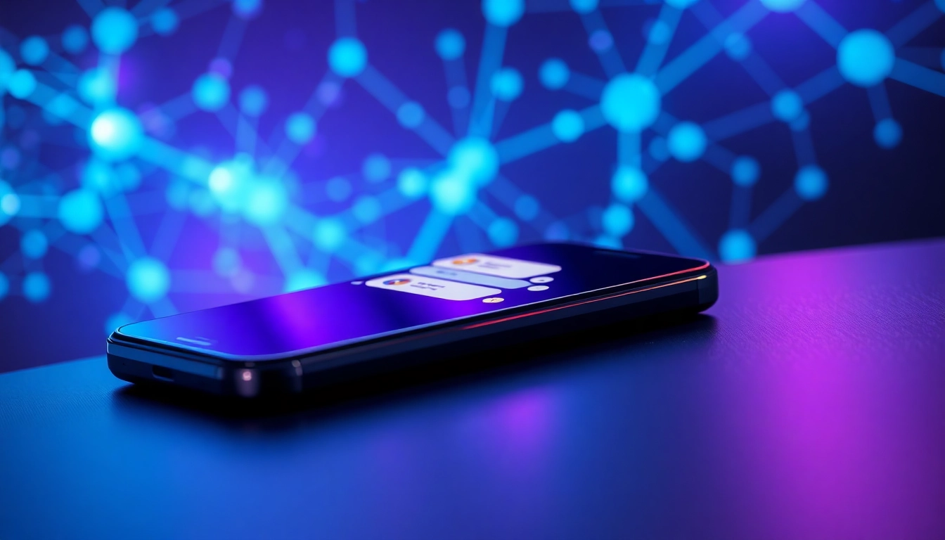 Futuristic AI chatbot interface on a smartphone with glowing neural network background