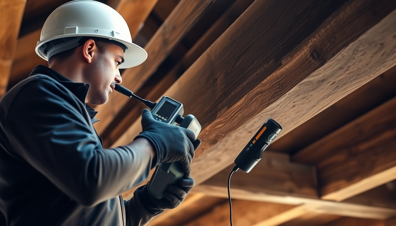Houtwormen bestrijden: Specialist voert inspectie uit met instrumenten op houten constructie voor effectieve aanpak.