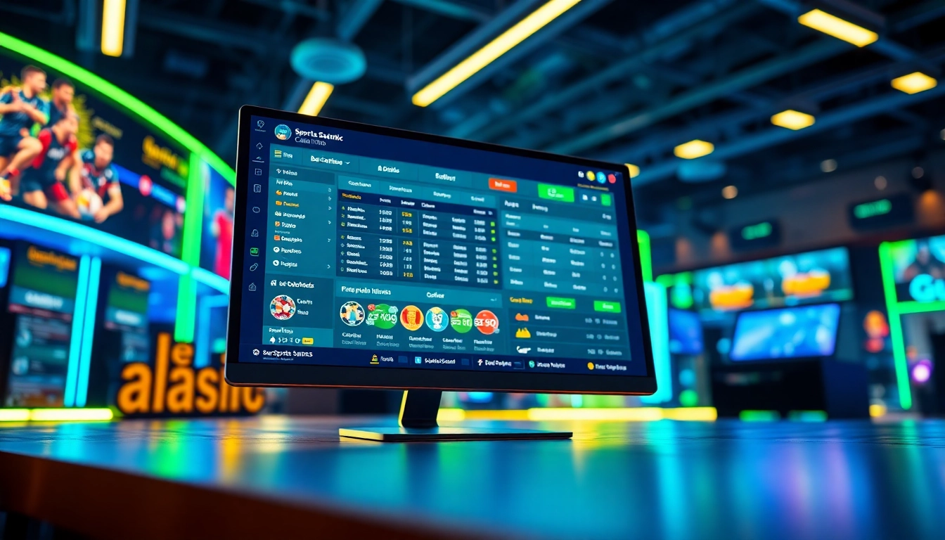 An illustration of an online sportsbook and casino platform on a computer screen with colorful neon accents and a lively digital background.