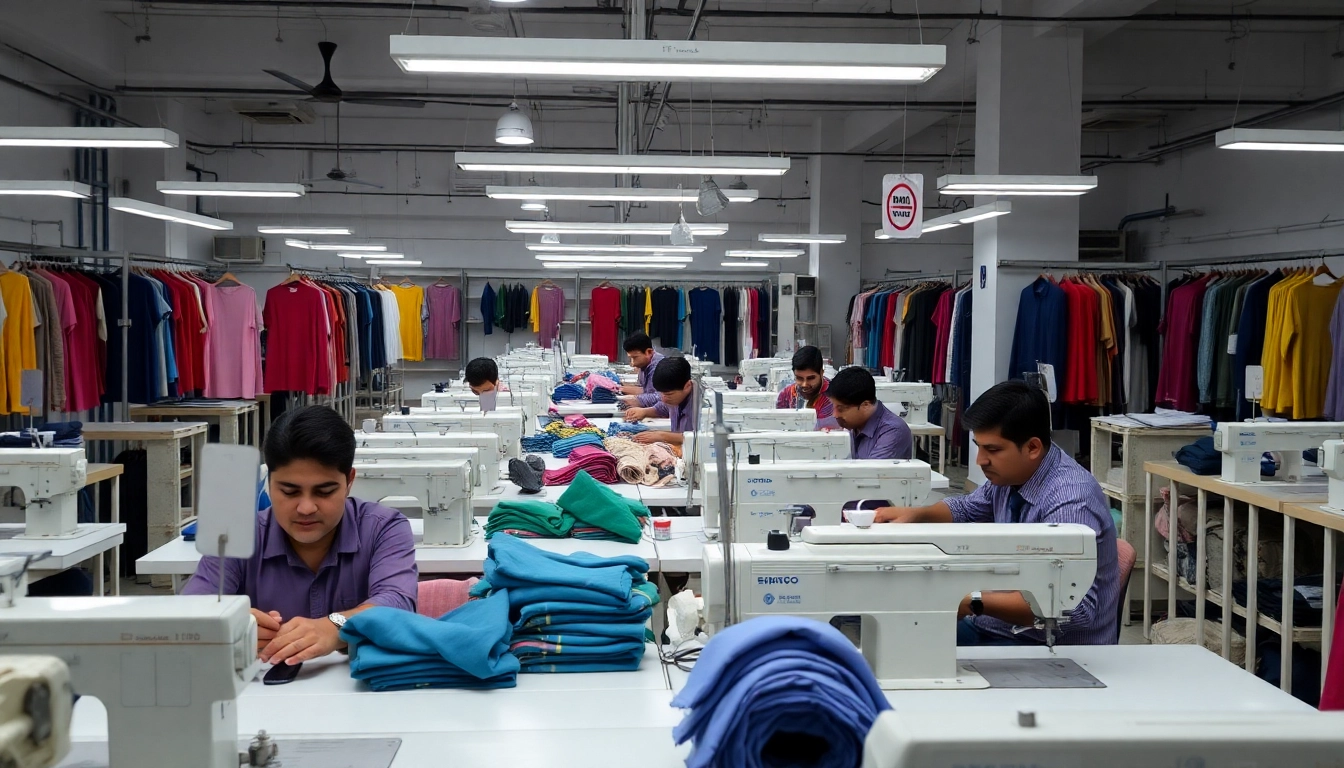 Efficient clothing factory in Sialkot producing custom sportswear with state-of-the-art machinery and skilled workers, highlighting quality and precision in apparel manufacturing.