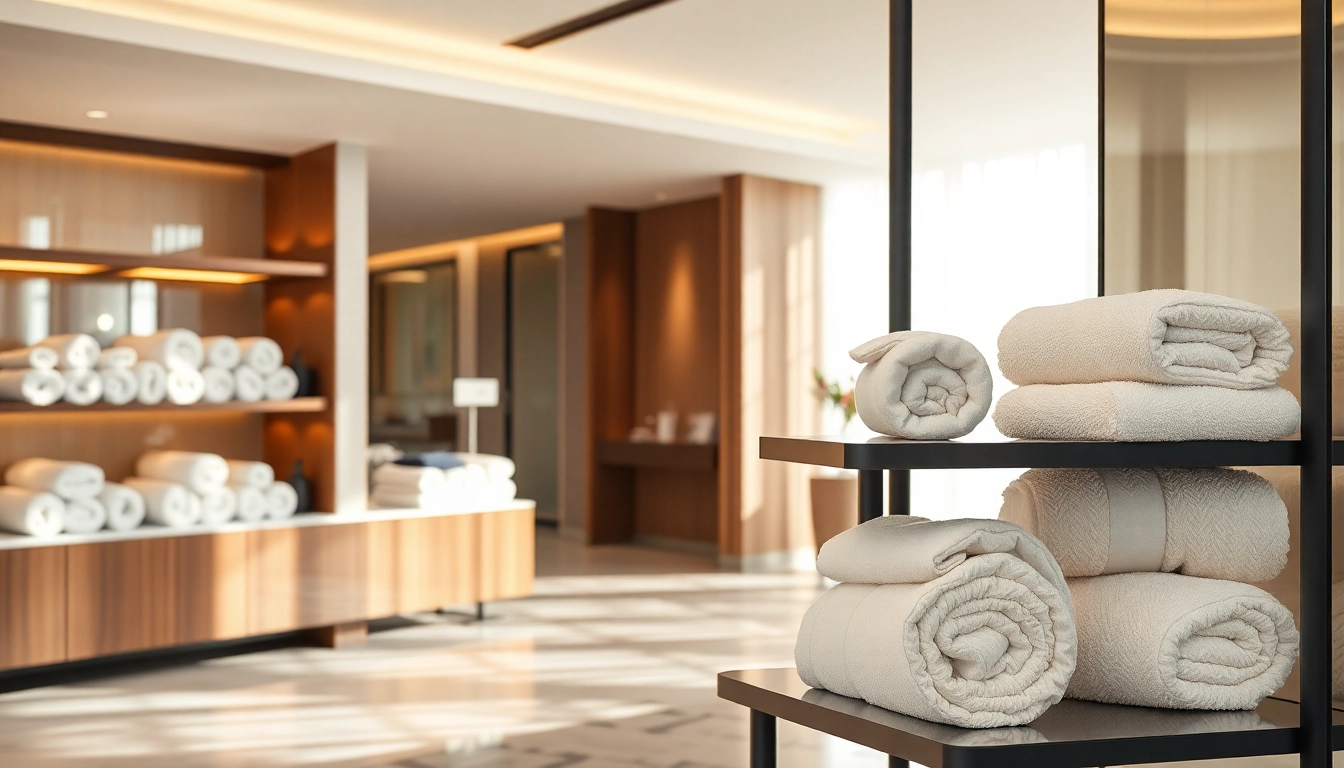 Professional Hotel Towel supplier showcasing high-quality, plush hotel towels arranged in a modern hotel lobby setting.