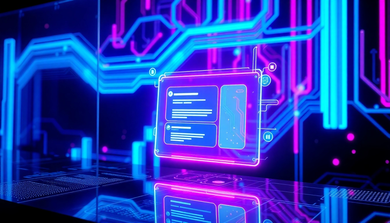 Futuristic AI chatbot interface with holographic elements and neon lighting