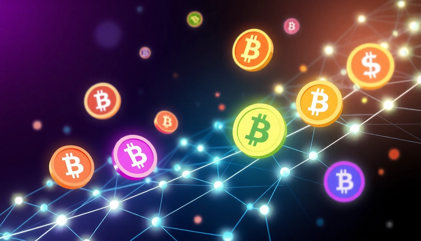 Bright visuals of diverse altcoins circulating on a glowing blockchain network to illustrate