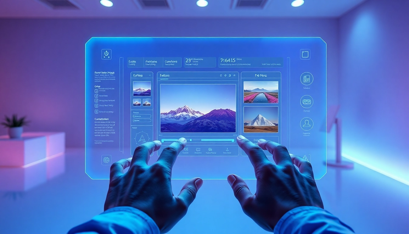 Futuristic AI image editing interface with holographic tools and vibrant colors