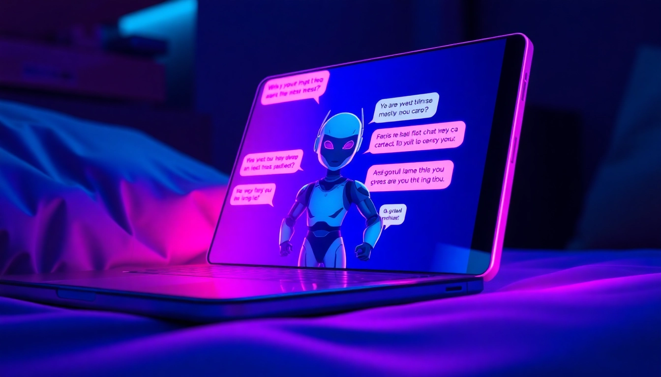 A futuristic chatbot interface on a screen with neon colors and flirtatious dialogue, set in a dark room with a sensual mood.