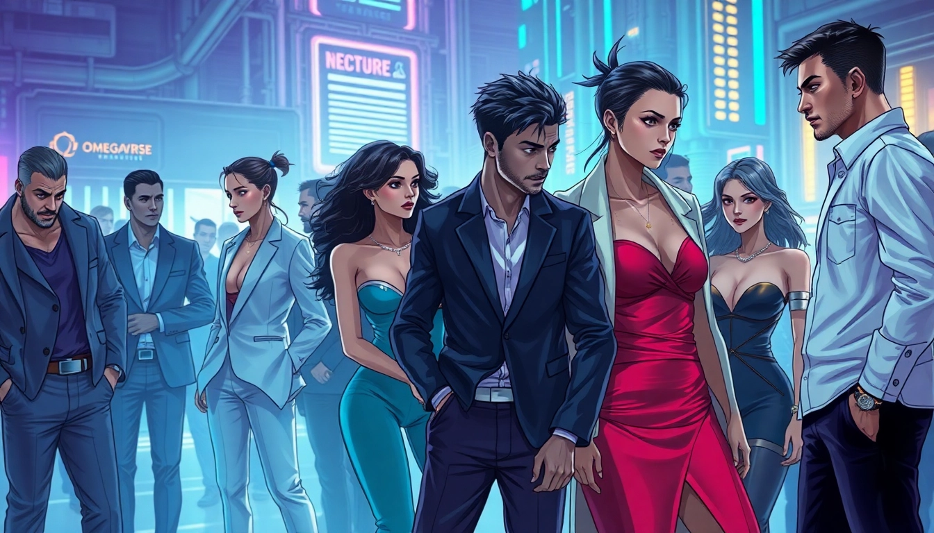 Futuristic society inspired by the Omegaverse hierarchy with humans in a neon-lit urban environment.