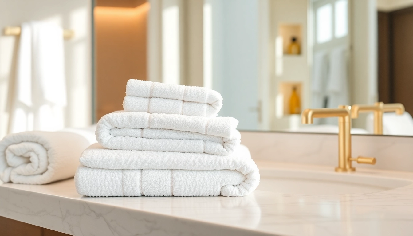 Premium hotel towel supplier showcasing plush, high-absorbency towels in a luxurious bathroom setting for hospitality excellence.
