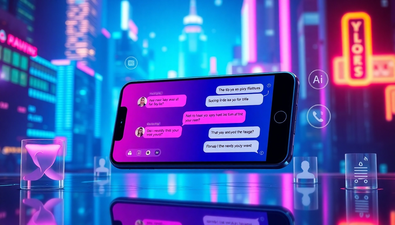 Futuristic smartphone displaying a lively, neon-lit chat conversation with playful and spicy content, set against a cyberpunk cityscape background.