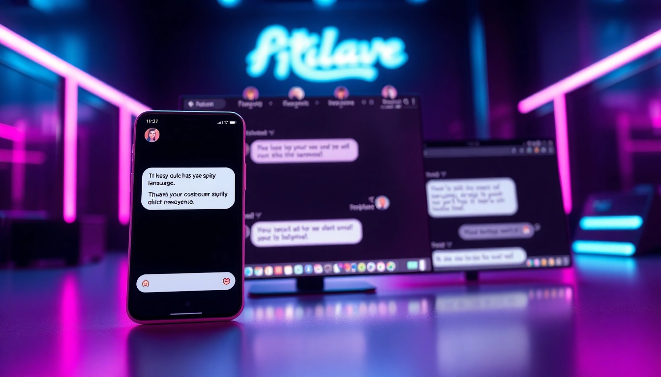 An illustration of a modern smartphone and desktop monitor displaying a spicy AI chat interface with neon accents and custom avatars, set in a sleek, futuristic environment.