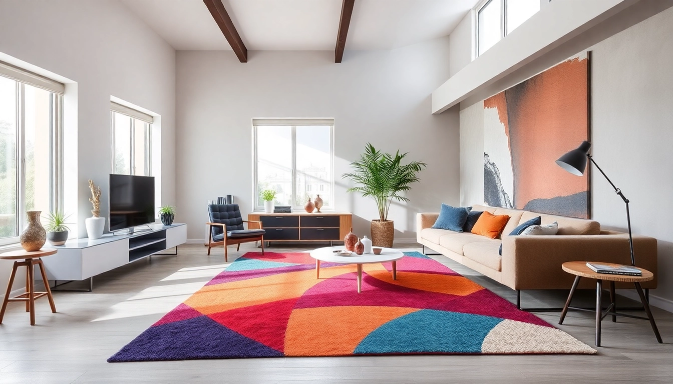 Stylish modern room with colorful Tappeti moderni Milano enhancing contemporary decor and comfort