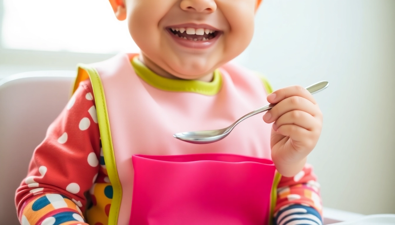 Babies wearing silicone bibs with pockets for children feeding in a bright, cheerful setting