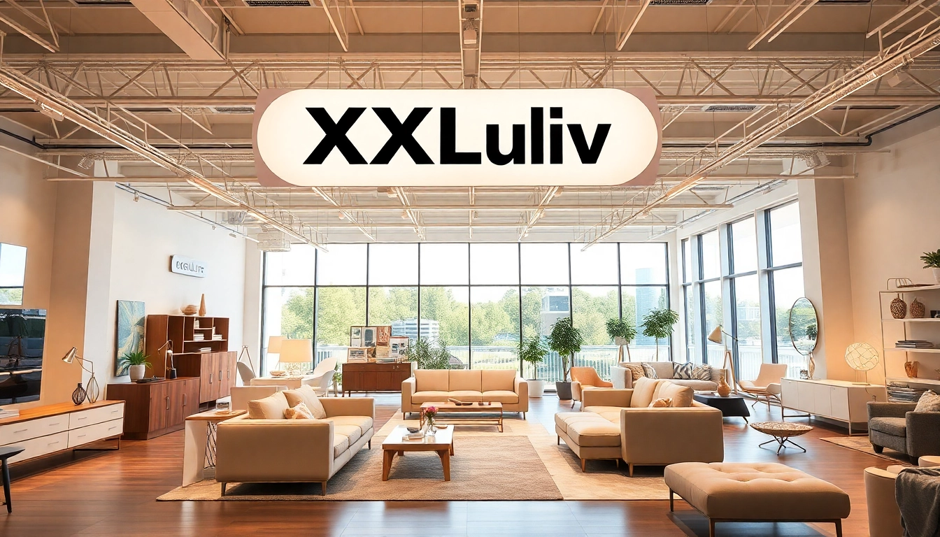 Promotional XXXLutz sleva banner highlighting furniture discounts in a showroom environment