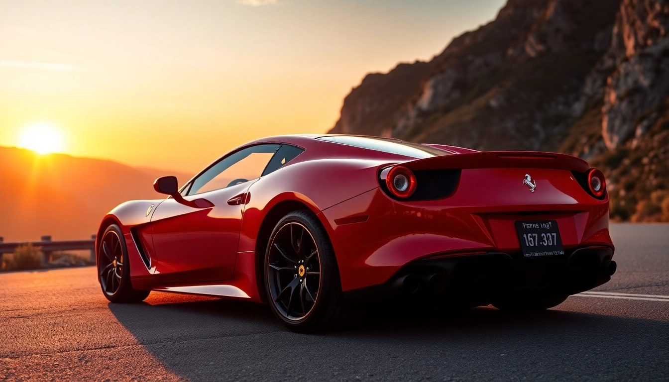 Auto sportive usate luxury sports car parked on mountain road at sunset, emphasizing speed and style