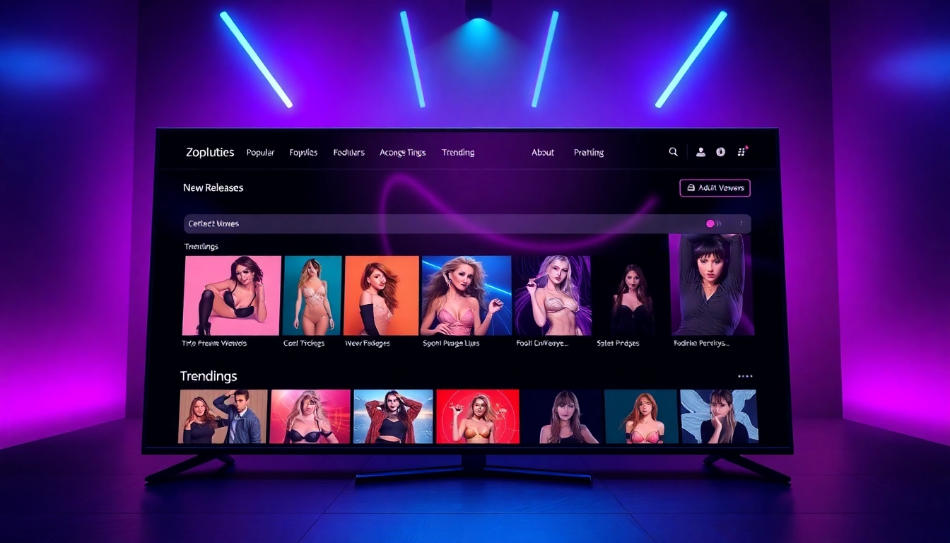 A sleek adult website homepage interface with thumbnails and neon accents.
