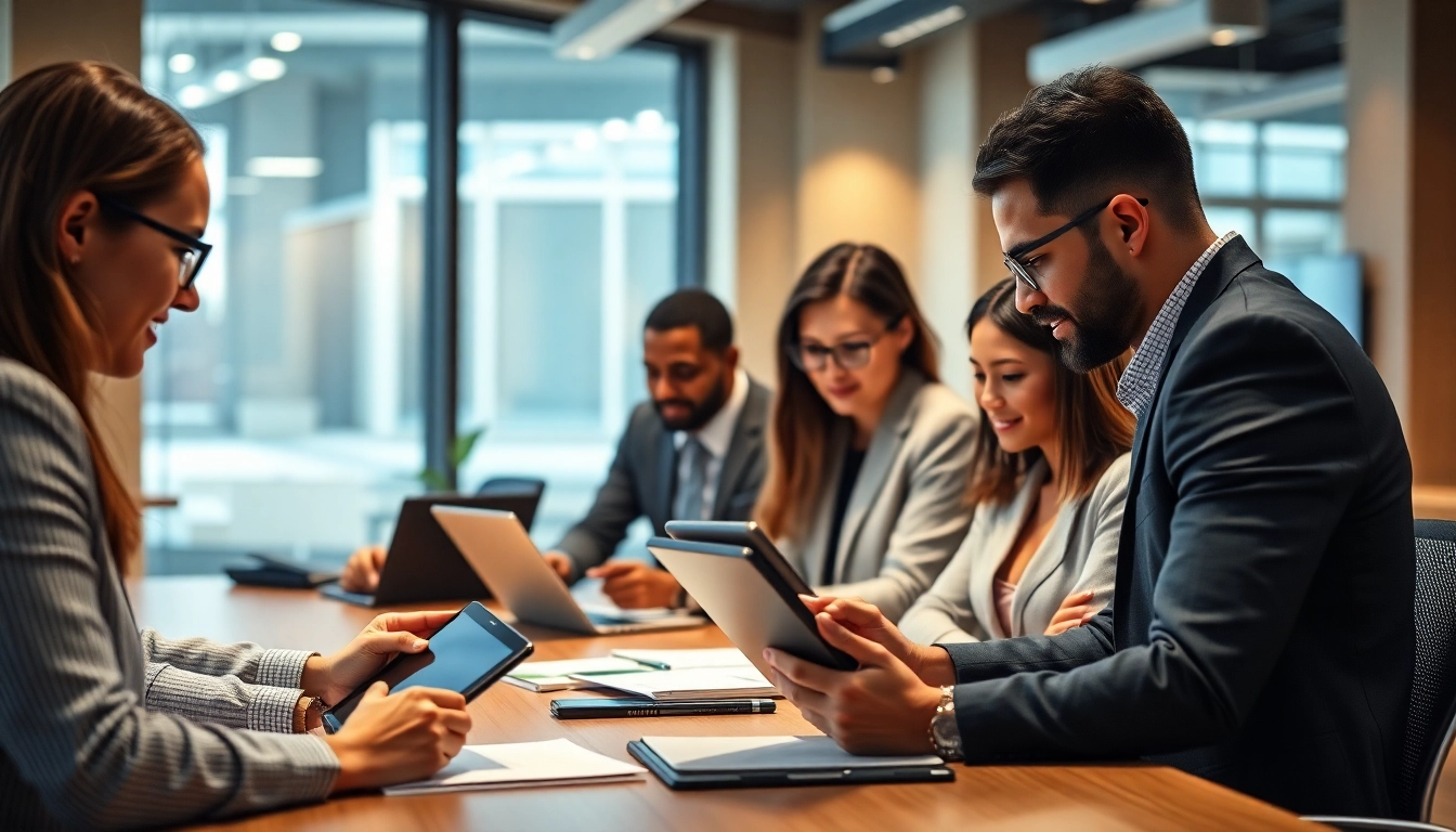Skilled team of accountants working on digital devices in a professional cabinet comptable
