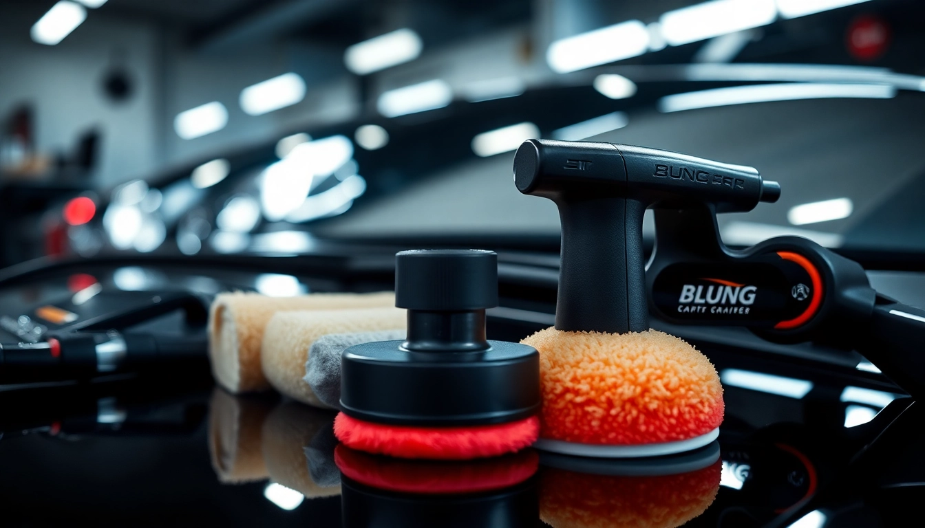 Blung professional car care products and polishing tools being used to clean and detail vehicle